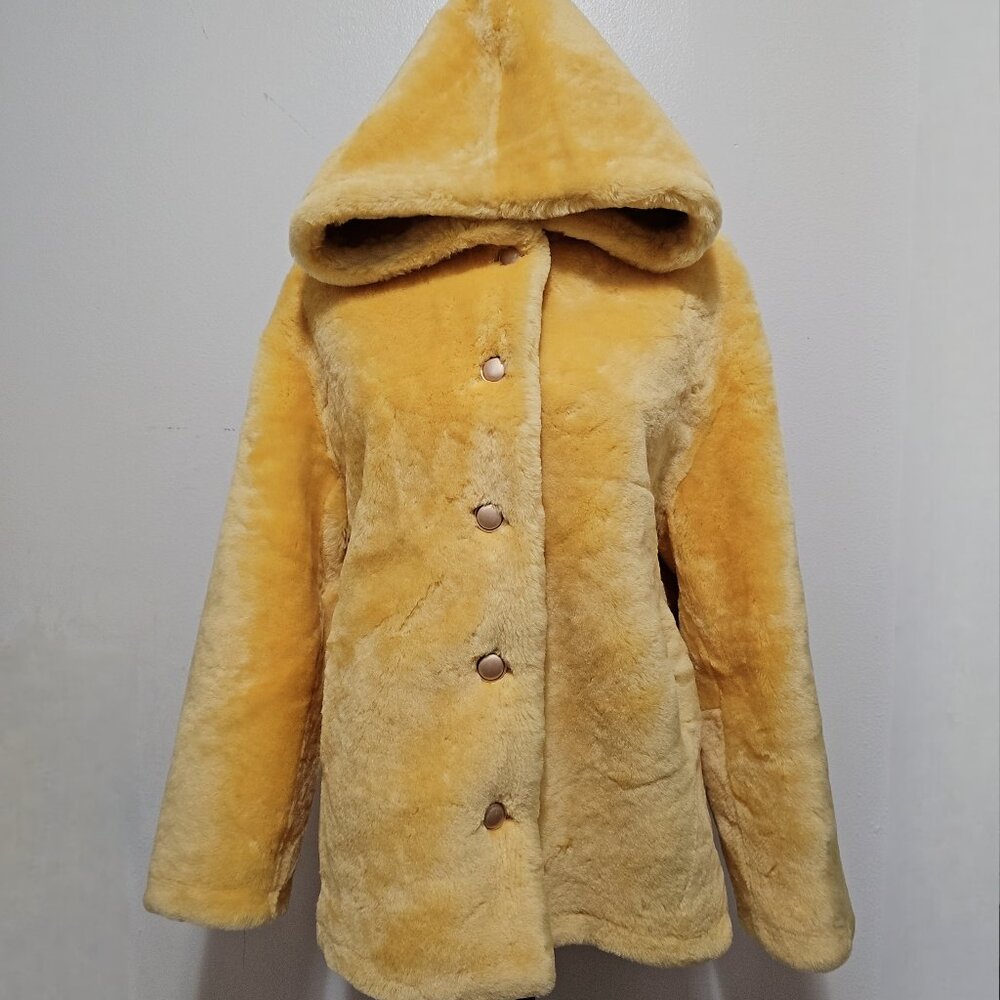 New Merino Sheepskin Shearling Lamb Fur Coat Jacket Hooded Golden Yellow Saffron